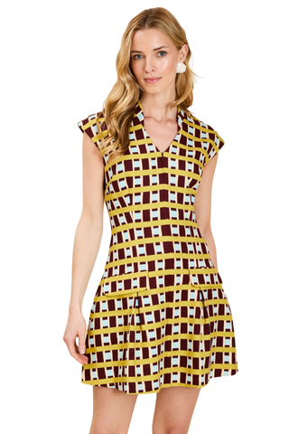 Mestiza Tianna Mini Dress in Morning Gingham featuring a colorful geometric print, V-neckline with mandarin collar, fitted waist, and pleated mini skirt.