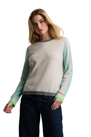 Lisa Todd Color Code Crew in Iced Grey Combo featuring an iced grey body, pale aqua sleeves, and contrasting trim.