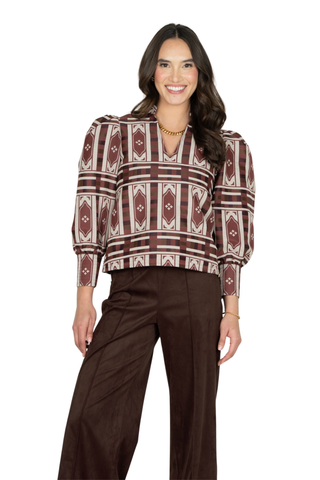 Emily McCarthy Hampton Top in Duomo featuring a geometric brown jacquard print, mandarin collar, and voluminous sleeves.