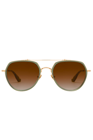 Krewe Baker Sunglasses in Bottle Green and Zulu featuring an oversized aviator frame, gold-tone hardware, and amber gradient lenses.