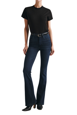 DL1961 Bridget Boot 33' Jean in Dark Indigo featuring a high-rise bootcut silhouette, deep indigo wash, and long 33-inch inseam.