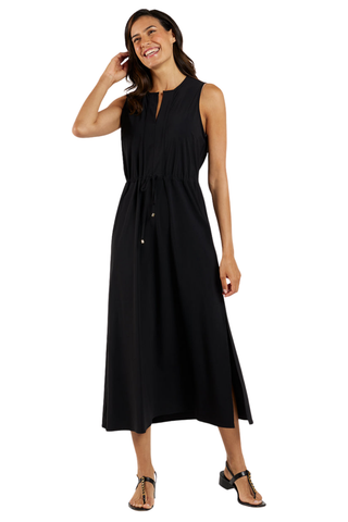 Jude Connally Bebe Dress in Black featuring a sleeveless silhouette, V-neckline, adjustable drawcord waist, and flowing midi-to-maxi length.