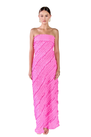 Strapless Ruffle Maxi Dress, Hot Pink