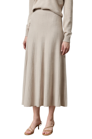 Lilla P Knit Flared Skirt in Dove featuring a soft neutral cotton-cashmere knit, comfortable waistband, and flowing flared silhouette.