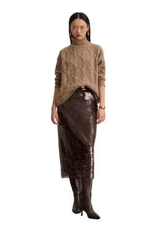 Tanya Taylor Kiah Skirt in Dark Fig featuring a high-waisted straight midi silhouette covered in rich brown sequins.