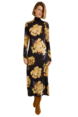 Marie Oliver Paxton Dress in Lush featuring oversized golden floral print on a black stretch jersey midi silhouette.