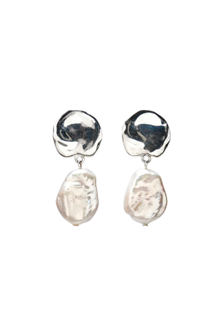 Silver disc earrings with pearl drop detail by Lizzie Fortunato
