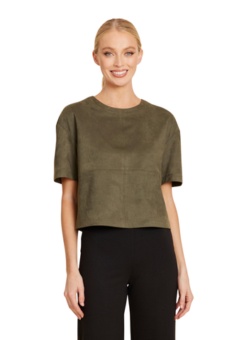 Dolce Cabo Suede T-Shirt in Olive featuring soft faux suede, a crew neckline, short sleeves, dropped shoulders, and a relaxed boxy fit.
