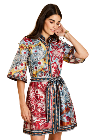 Mestiza Aracati Mini Dress in Venetian Patchwork featuring a colorful mixed print, mandarin collar, three-quarter sleeves, and self-tie waist.