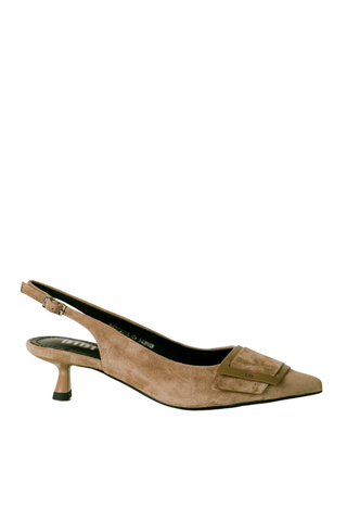 Bibi Lou Astra Slingback Pump in Taupe featuring a pointed toe, low kitten heel, and slingback strap.
