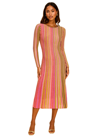 Mestiza James Knit Midi Dress in Sparkling Borealis featuring a multicolor metallic knit, fitted long sleeves, and a softly flared midi skirt.