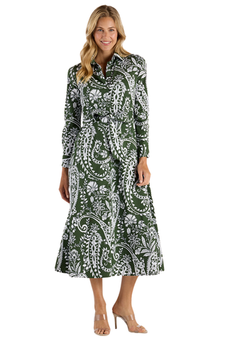 Jude Connally Kitty Dress in Wild Paisley Navy Loden featuring a green and cream paisley print, long sleeves, point collar, and belted midi silhouette.