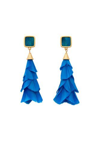 Brackish Sheridan Statement Earrings featuring layered royal blue goose feathers, peacock feather accents, and 24k gold plated stud earrings