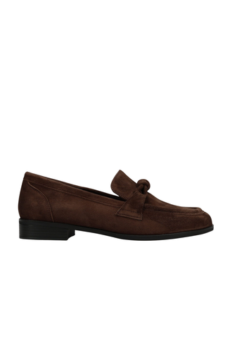 Brown suede Kaye Loafer with apron toe, knotted keeper strap, and low stacked heel.