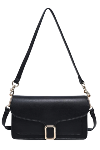 Urban Expressions Coco Crossbody in Black featuring a structured vegan leather silhouette, flap front, gold-tone buckle detail, and detachable strap.