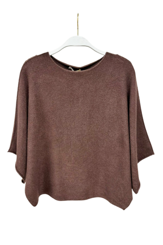 Milio Milano chocolate brown knit top featuring a crew neckline, batwing sleeves, and relaxed draped fit.