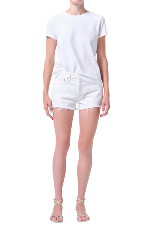 AGOLDE Parker Short in Marshmallow white denim featuring a high-rise fit with a relaxed silhouette and raw hem