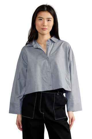 Thomas & Lourdes Damien Top in Houndstooth featuring a collared neckline, button front, long sleeves, and relaxed cropped silhouette.