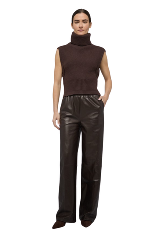 Chocolate brown sleeveless ribbed turtleneck knit top.