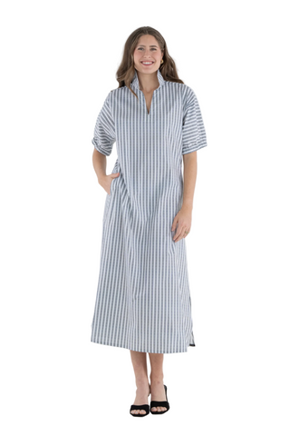 Model wearing the Emily McCarthy Poppy Maxi in Black Stripe with a relaxed maxi-length silhouette.