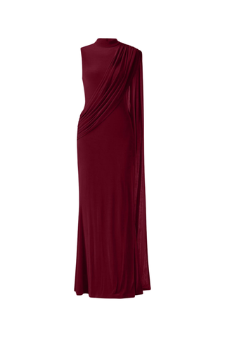 Elliatt Tuloria Sash Gown in Burgundy Red featuring an elegant floor-length silhouette, high neckline, sleeveless design, and dramatic asymmetric draped sash.