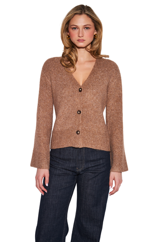 JOHN & JENN Margot Sweater in Camel featuring a warm brown knit, V-neckline, button front, and long sleeves.