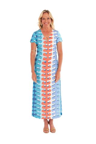 C.K. Bradley Vespa maxi dress in blue and coral Birch Tango print with short sleeves and front slit