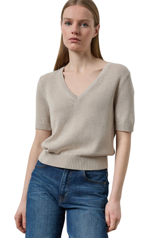 Dove Sparkle V-neck short-sleeve sweater in a soft cotton-cashmere blend with subtle shimmer.