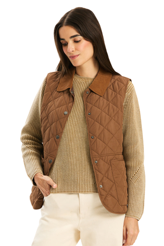 Tyler Boe Amoreena Vest in Bison brown featuring diamond quilting, a corduroy collar, snap-front closure, and patch pockets.