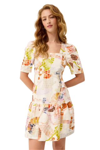 Marie Oliver Temma Dress in Travertine with square neckline, tailored bodice, and watercolor mosaic print in a linen cotton blend mini silhouette