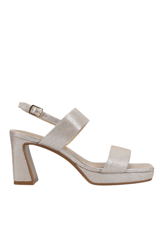 Vaneli Maida Heel in Perla Harmonica featuring a pearly neutral finish, square toe, ankle strap, front platform, and sculpted block heel.