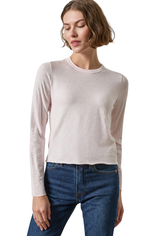Woman wearing the Lilla P Vintage Bias Tee in Roseblush, a fitted blush pink long-sleeve cotton tee.