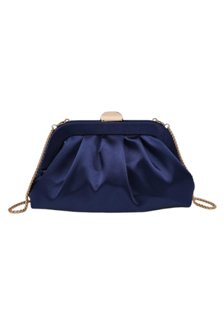 Urban Expressions Winter Clutch in Midnight blue with soft pleating, polished metal frame, kiss-lock clasp, and slender chain strap.