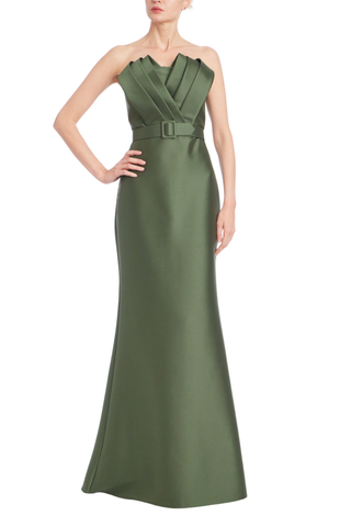 Badgley Mischka Belted Loop Bodice Gown in olive featuring a strapless neckline, fitted bodice, belted waist, and floor-length silhouette.