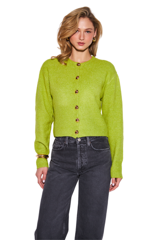 Savannah Sweater in Chartreuse featuring a bright green textured knit, button front, long sleeves, and cropped silhouette.