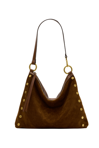 Hammitt Kyle Lrg Handbag in Cinnamon Suede featuring warm brown suede, gold-tone rivets, leather trim, and a slouchy hobo shape.