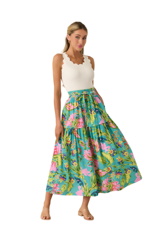 Colorful floral tiered midi skirt with self-tie waist detail in turquoise, pink, and green print by Prosperina