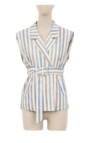 Molly Bracken sleeveless blue striped jacket with tie waist and lapel collar