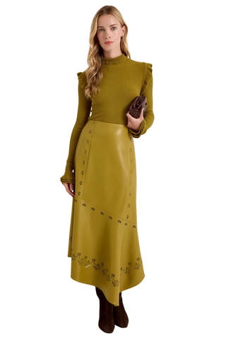 Marie Oliver Casey Skirt in Willow featuring vivid chartreuse vegan leather, laser-cut floral details, and an asymmetrical midi hem.