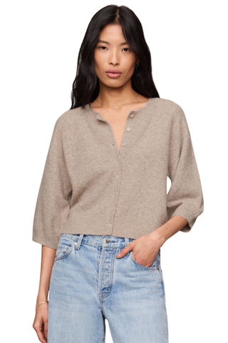 Natural heather button-front cardigan with elbow-length sleeves.