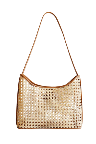 Handwoven rattan shoulder bag with leather trim and strap by Bembien