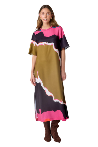 Crosby Grayson Dress in Portoro featuring an olive, pink, black, and cream abstract print in a relaxed maxi silhouette.