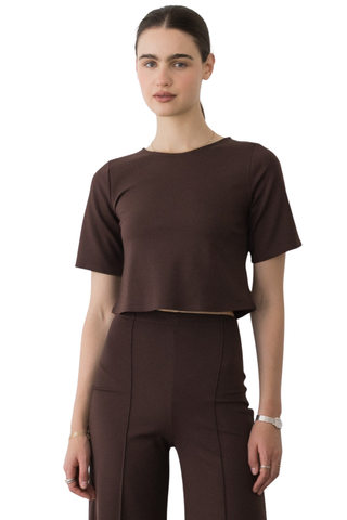 Ripley Rader Short Sleeve Top in Chocolate featuring a structured brown ponte knit, square-cut silhouette, and extended short sleeves.