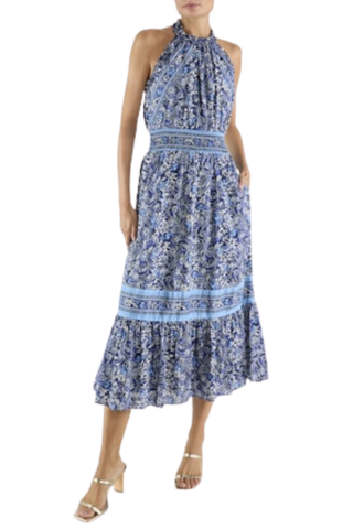 Navy floral halter midi dress with tassel tie neckline by Ramy Brook