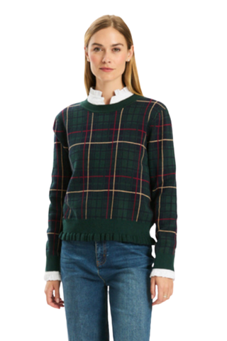 Tyler Boe Hailey Novelty Ruffle Sweater in Ponderosa Pine featuring a dark green plaid pattern, long sleeves, and ruffle trim.