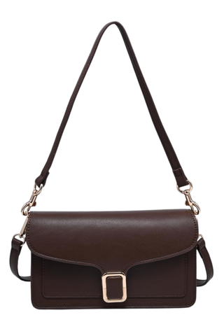 Urban Expressions Coco Crossbody in Espresso featuring a structured vegan leather silhouette, flap front, buckle detail, and detachable strap.