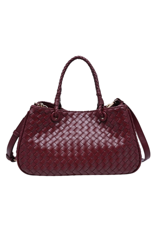Urban Expressions Karym Satchel in Wine featuring deep burgundy woven vegan leather, braided top handles, a structured silhouette, and an adjustable detachable shoulder strap.