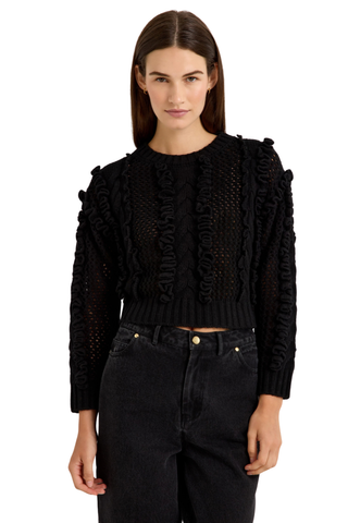 Marie Oliver Lindsay Sweater in Black featuring open-knit detailing, sculptural ruffles, and a classic crew neckline.