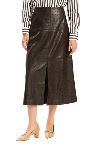 Brown punched vegan leather A-line midi skirt with front slit.