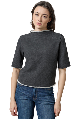 Lilla P Roll Neck Short Sleeve Sweatshirt in Graphite Heather featuring soft gray cotton terry, rolled neckline, and contrast trim.